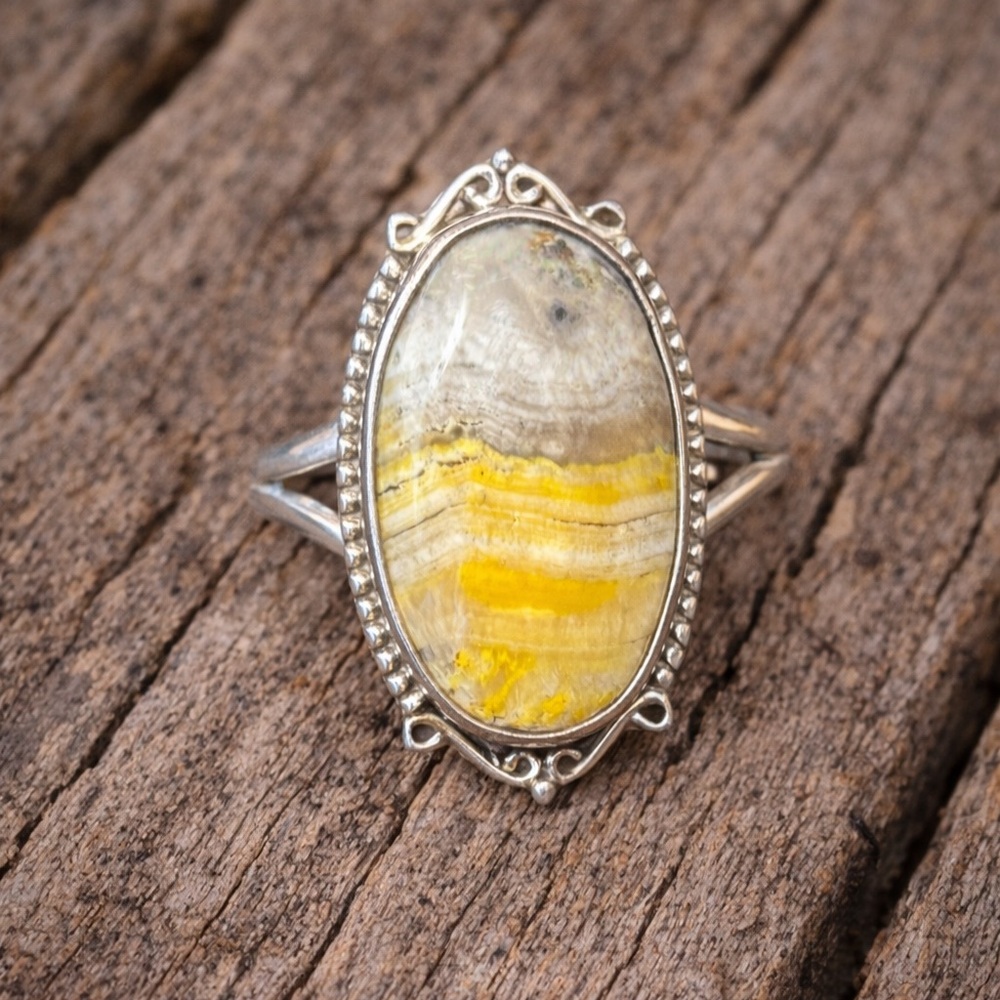 Sterling Silver Bumblebee Jasper Ring 💛 Yellow & Gray Oval | Size 9 | NEW